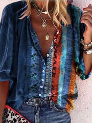 Fashion Retro stripe print Lapel Long sleeve Blouses