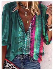 Fashion Retro stripe print Lapel Long sleeve Blouses