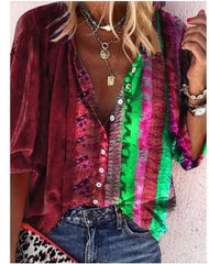 Fashion Retro stripe print Lapel Long sleeve Blouses