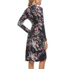 Fashion Floral print V neck Long sleeve Lacing Skater Dresses