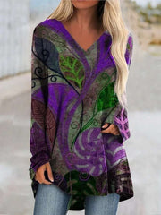Fashion Retro print V neck Long sleeve Plus T-Shirts