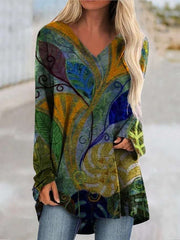 Fashion Retro print V neck Long sleeve Plus T-Shirts