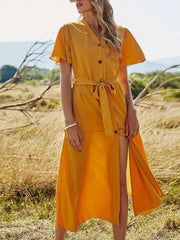 Casual Pure V neck Short sleeve Fastener Lacing Maxi Dresses