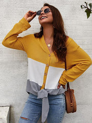 Women v neck splice chic button knit sweaters