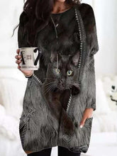 Women Casual Cat print Round neck Long sleeve Plus T-Shirts