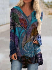 Fashion Retro print V neck Long sleeve Plus T-Shirts