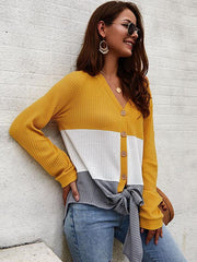Women v neck splice chic button knit sweaters