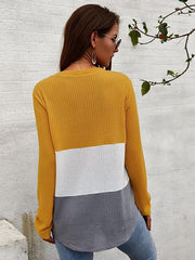 Women v neck splice chic button knit sweaters