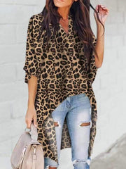 Chic V-collar irregular leopard print top Blouse