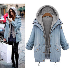 Casual Denim Drawstring Twinset Hooded Women Jacket Outerwear