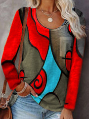 Chic women round neck abstract pprinted colorful long T-shirts