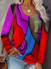 Chic women round neck abstract pprinted colorful long T-shirts