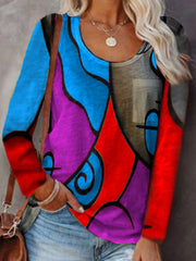 Chic women round neck abstract pprinted colorful long T-shirts