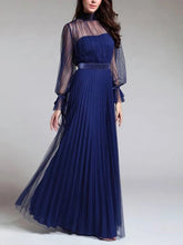 Elegant women blue high neck long sleeve long dress evening dresses