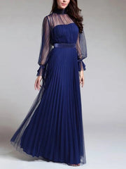 Elegant women blue high neck long sleeve long dress evening dresses