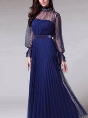 Elegant women blue high neck long sleeve long dress evening dresses