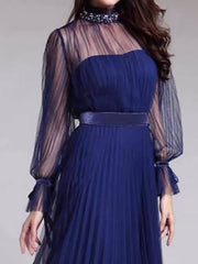 Elegant women blue high neck long sleeve long dress evening dresses