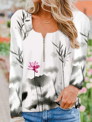 Women zipper neck floral printed long sleeve autumn blouses & tops