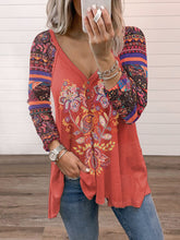 Zipper v neck bohemia style women long sleeve printed T-shirts