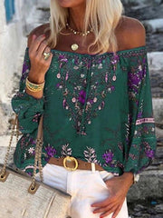Fashion print off shoulder chiffon blouses