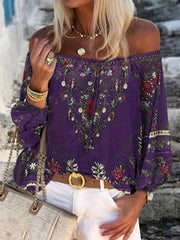 Fashion print off shoulder chiffon blouses
