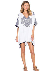 Simple White Chiffon Bohemia Short Sleeve with Tassels Loose Mini Dress