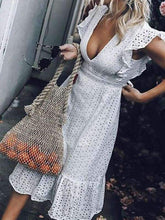 Cotton Deep V neck Hollow out Flowers Design Skater Dresses