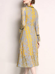 Yellow Hollow Out Contrast Bowknot O-Neck Long Sleeves Flare Sleeves Shift Dresses
