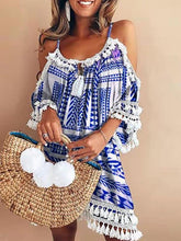 Vintage Sling Off-shoulder Printed Color Mini Vacation Dresses