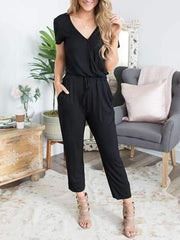Women Plain Deep V Crossover Jumpsuits