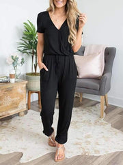 Women Plain Deep V Crossover Jumpsuits