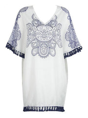 Simple White Chiffon Bohemia Short Sleeve with Tassels Loose Mini Dress