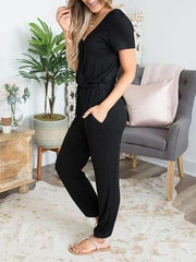 Women Plain Deep V Crossover Jumpsuits