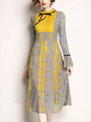 Yellow Hollow Out Contrast Bowknot O-Neck Long Sleeves Flare Sleeves Shift Dresses