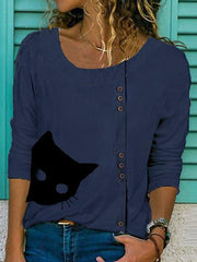 Cat Printed Buttons Round Neck Casual Long Sleeve T-Shirts