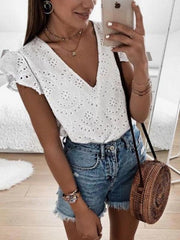White Sexy V neck Cutout Summer T-shirts