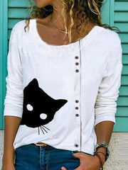 Cat Printed Buttons Round Neck Casual Long Sleeve T-Shirts
