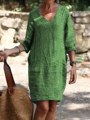 Casual Plain Cotton-Blend V Neck Dresses