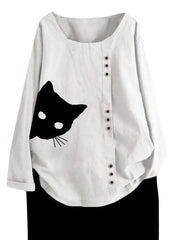 Cat Printed Buttons Round Neck Casual Long Sleeve T-Shirts