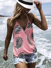 Chic V neck Loose Leaf Printed Vests