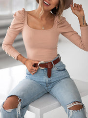 Elegant U neck women long sleeve shirts slim T-shirts