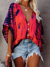 Women v neck button design colorful printed Tie dye Half Sleeve T-shirts