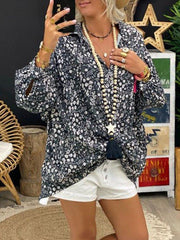 Black Long Sleeve Floral Cotton-Blend V Neck Shirts & Tops Blouses