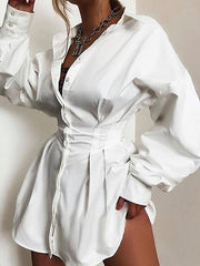 Solid color deep V neck waist sexy shirt shift dresses