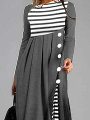 Elegant Casual Stripe Shirt Round Neckline Maxi Dresses