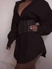 Solid color deep V neck waist sexy shirt shift dresses