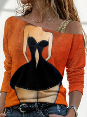 Elegant girl printed one off shoulder long sleeve T-shirts