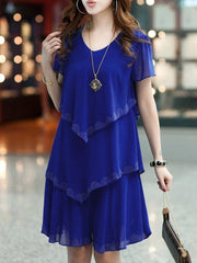 Multi-Layers Rhinestone Designed V Neck Chiffon Shift Dress