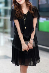 Multi-Layers Rhinestone Designed V Neck Chiffon Shift Dress