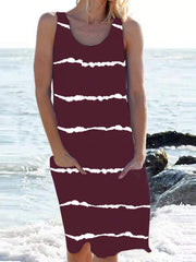 Round neck Stripe printed women sleeveless vacation dresses